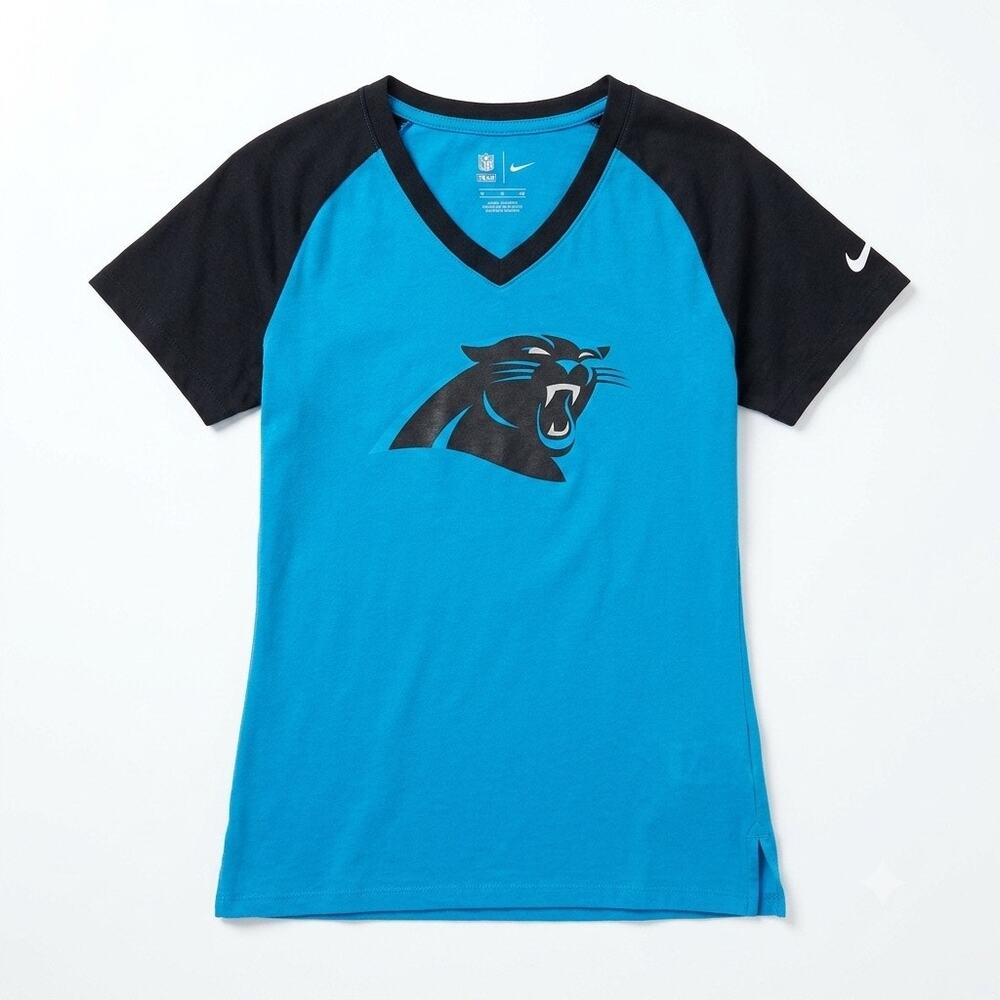 CAROLINA PANTHERS Logo Raglan Tee Blue Black Team Nike NFL Football Womens XS